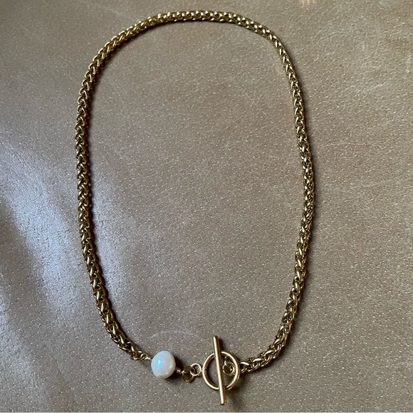 Freshwater pearl lariat toggle gold plated woven chain necklace boho layer white - Picture 8 of 8